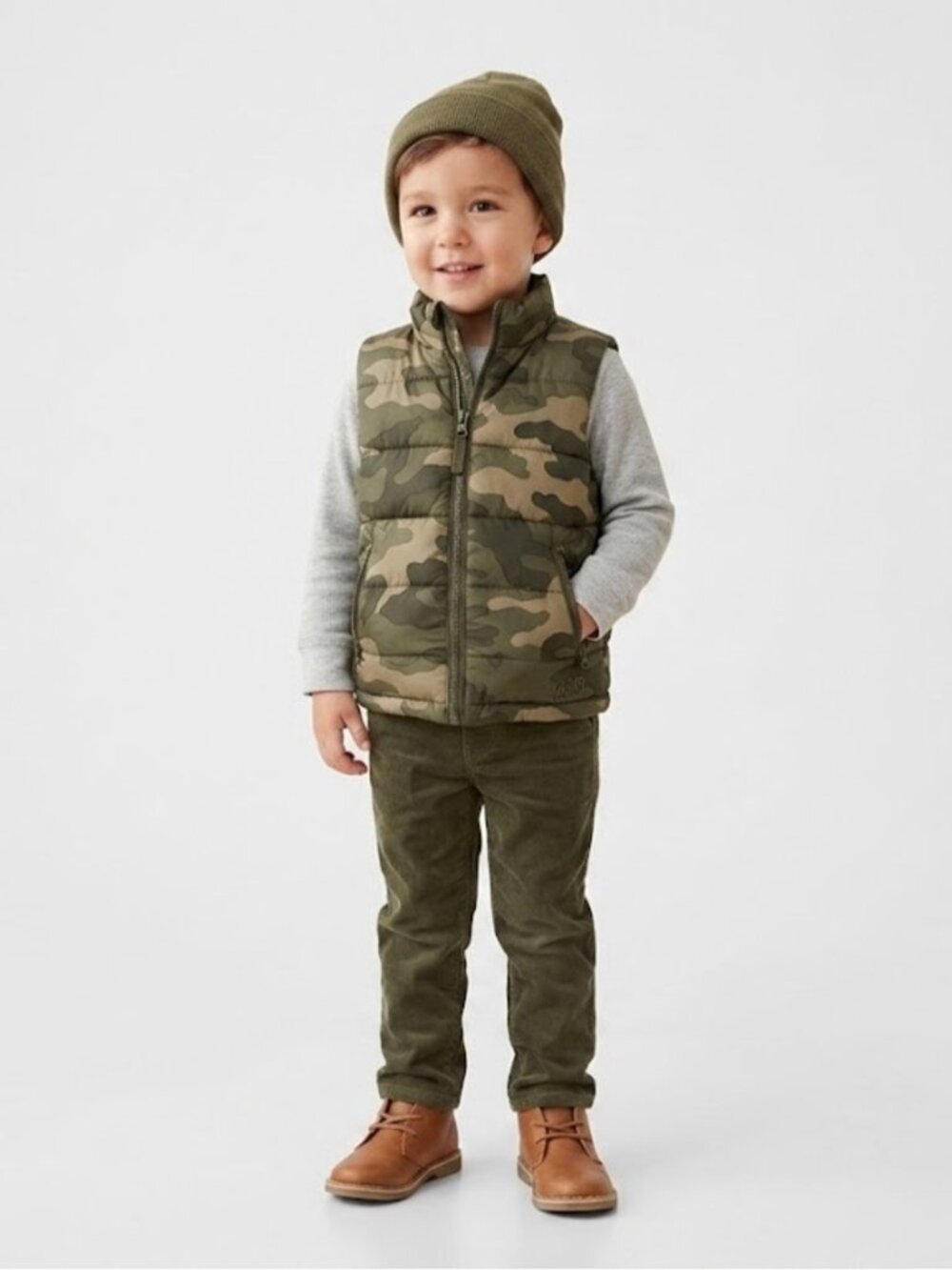Baby Gap Toddler Reversible Camo Puffer Vest Brown Tan Zip Pockets boy size 2t